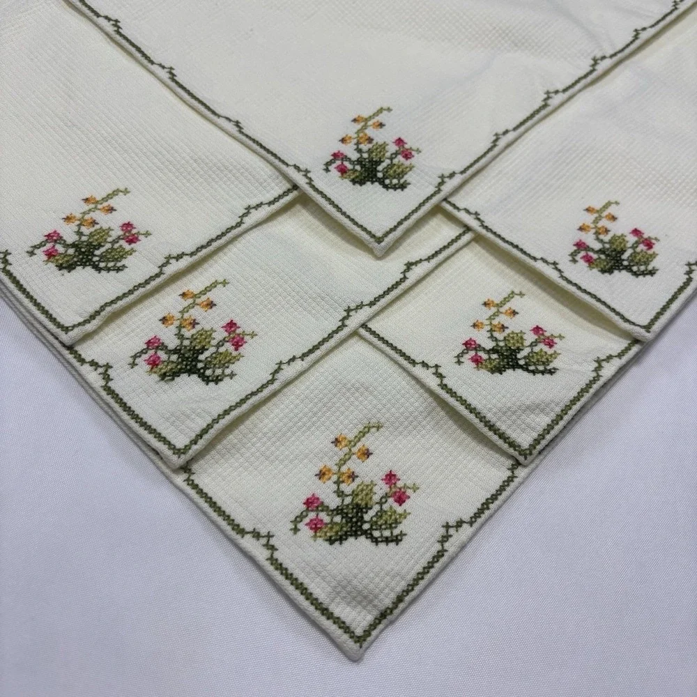 Vintage Cloth Napkins Lot of 6 Floral Cross Stitched Handmade 10.5